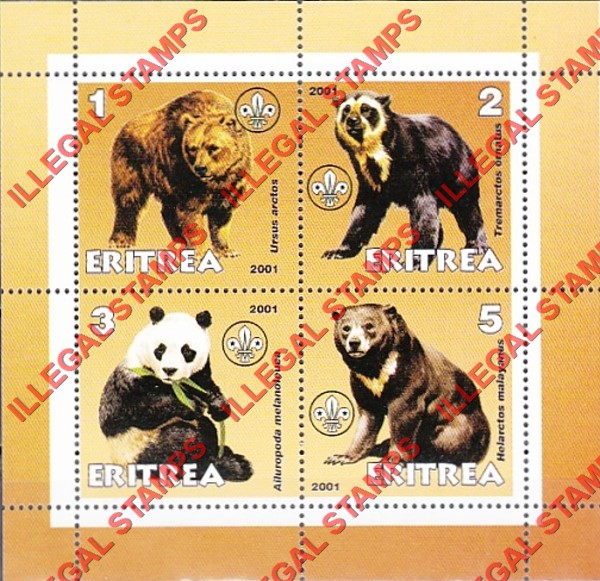 Eritrea 2001 Bears Counterfeit Illegal Stamp Souvenir Sheet of 4 Eritrea 2001 Bears Counterfeit Illegal Stamp Souvenir Sheet of 4